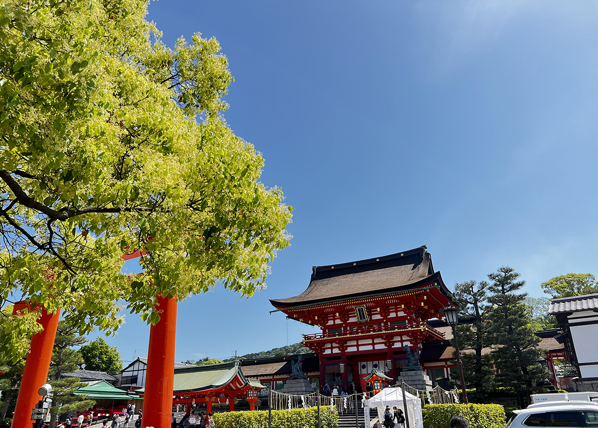 青空のもと光る伏見稲荷大社の楼門